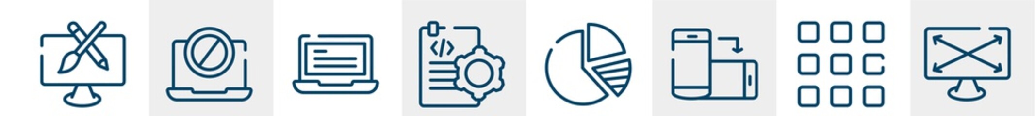 Poster - responsive web line icons such as pencil and brush crossed, no computer, laptop with text, document settings, pie charts, expand screen outline vector sign. symbol, logo illustration. linear style