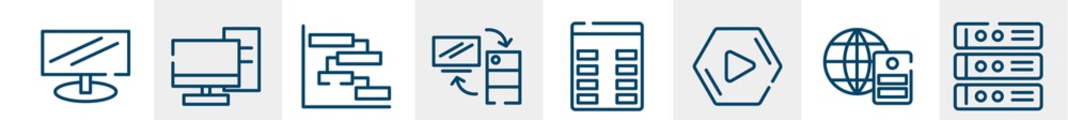 Poster - computer and media line icons such as widescreen monitor, server from client, chart gantt, server client exchange, spreadsheet column, rack servers outline vector sign. symbol, logo illustration.