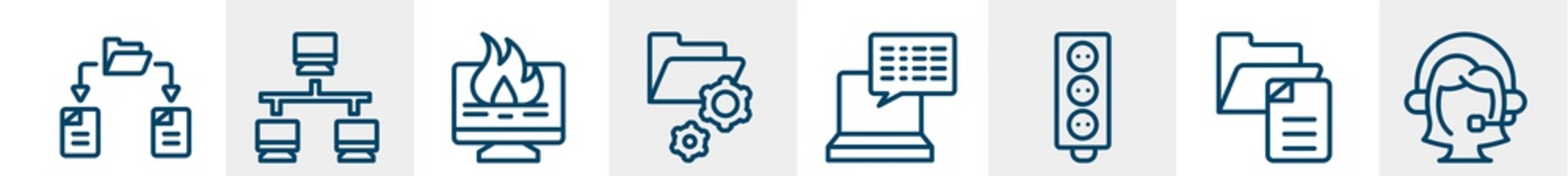 Poster - artificial intelligence line icons such as file sharing, lan, data loss, folder management, subtitles, assistant outline vector sign. symbol, logo illustration. linear style icons set. pixel perfect