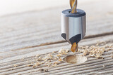 Fototapeta Sport - Countersink drill bit make sink in hole for screw in old wooden plank