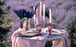 Preparing a romantic dinner in lavender field.