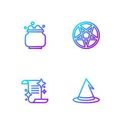 Set line Witch hat, Ancient magic book, cauldron and Pentagram in circle. Gradient color icons. Vector