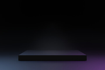 Poster - Simple blank luxury black gradient background with neon illuminate product display platform. Empty studio with rectangle podium pedestal on a black backdrop. 3D rendering
