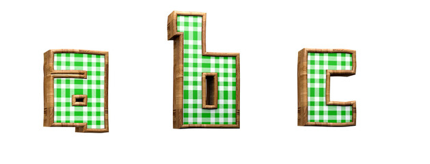 Wall Mural - Green plaid alphabet. Letters a, b, c, in 3d render. Rustic party. White background. Path save. Lowercase letters