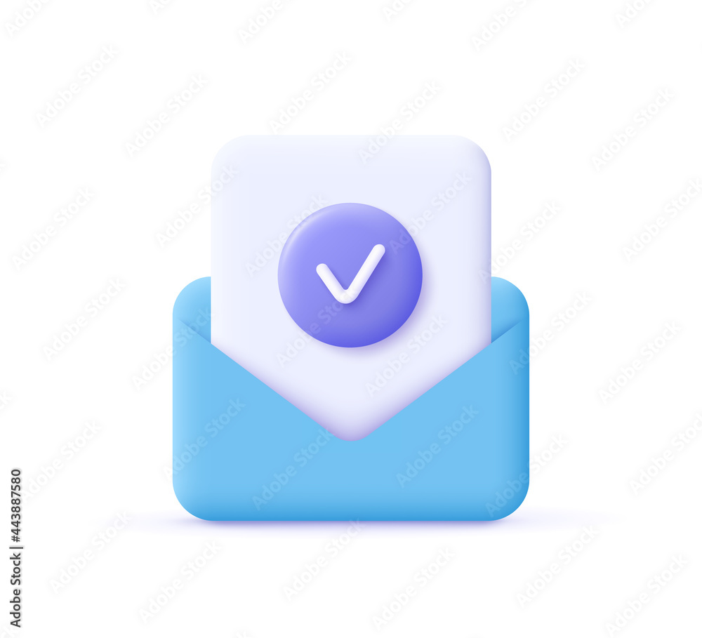 Check mark icon. Approvement concept. Document and postal envelope. 3d ...