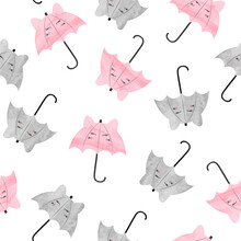 Cartoon Umbrellas With Cute Cat Faces. Seamless Baby Pattern. 