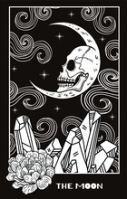 Moon Tarot Card With Skull Face, Crystals And Flower