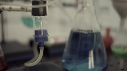 Poster - Chemical laboratory with flasks and test tubes. Chemical process with boiling of a chemical solution and synthesis of organic matter