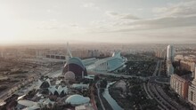 Top View Of Valencia Aquarium Spain At Sunset October 2019. High Quality 3k Footage