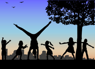 Canvas Print -  Silhouettes of children playing. Silhouettes conceptual.