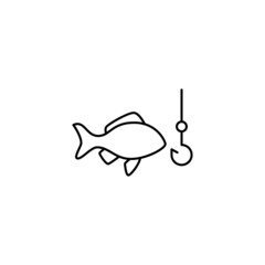 Fishing and hook icon in flat black line style, isolated on white background 