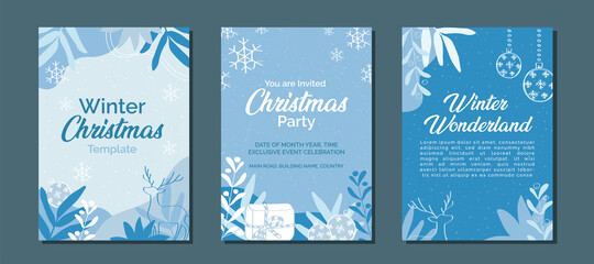 Poster - Set of elegant Christmas winter blue monochrome for social media post, mobile apps, web, internet ads. Vector abstract design, minimalist