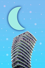 Futuristic Surreal Night Scene, City Pendant Building And A Big Blue Moon