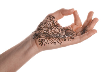 Wall Mural - Woman with henna tattoo on palm against white background, closeup. Traditional mehndi ornament