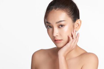 beautiful young asian woman with clean fresh skin on white background, face care, facial treatment, 