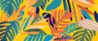 Tropical leaves background vector. It includes leaf shapes, pencils and paint brush texture. Pop art botanical design for fabrics, wallpaper, cards, rugs, ceramics, homewares, gadget skins and more.