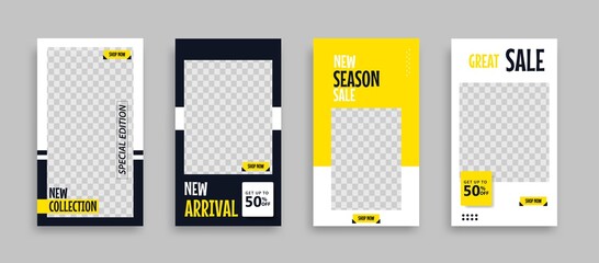 Wall Mural - Set of Editable minimal square banner template. Blue yellow white background color with geometric shapes for social media post, story and web internet ads. Vector illustration	