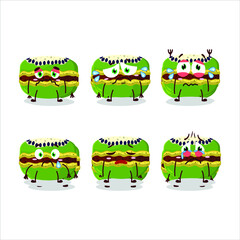 Sticker - Kiwi macaron cartoon character with sad expression. Vector illustration