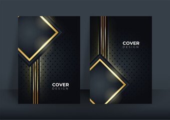 Modern black gold cover design set. Luxury creative line pattern in premium colors: black, gold and white. Formal vector for notebook cover, business poster, brochure template, magazine layout