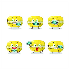 Sticker - Photographer profession emoticon with mango macaron cartoon character. Vector illustration