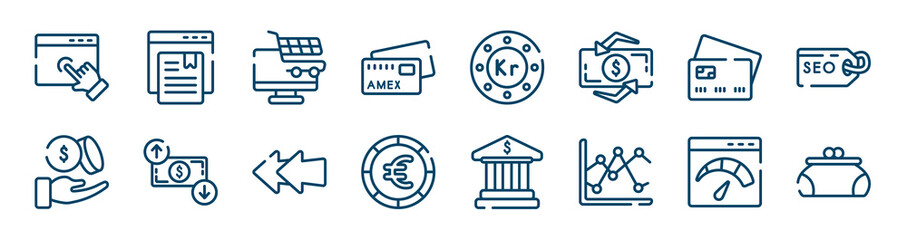 Canvas Print - business and finance icons set such as bookmark service, amex, null, dollar coins and hand, two left arrows, velocity test outline vector signs. symbol, logo illustration. linear style icons set.