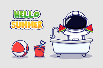 Wall Mural - Cute astronaut with hello summer greeting banner