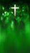 Golden Christian Cross on liturgical green glitter vertical banner background. 3D illustration for online worship live stream church sermon on Ordinary Time. Concept of hope and resurrection of Christ