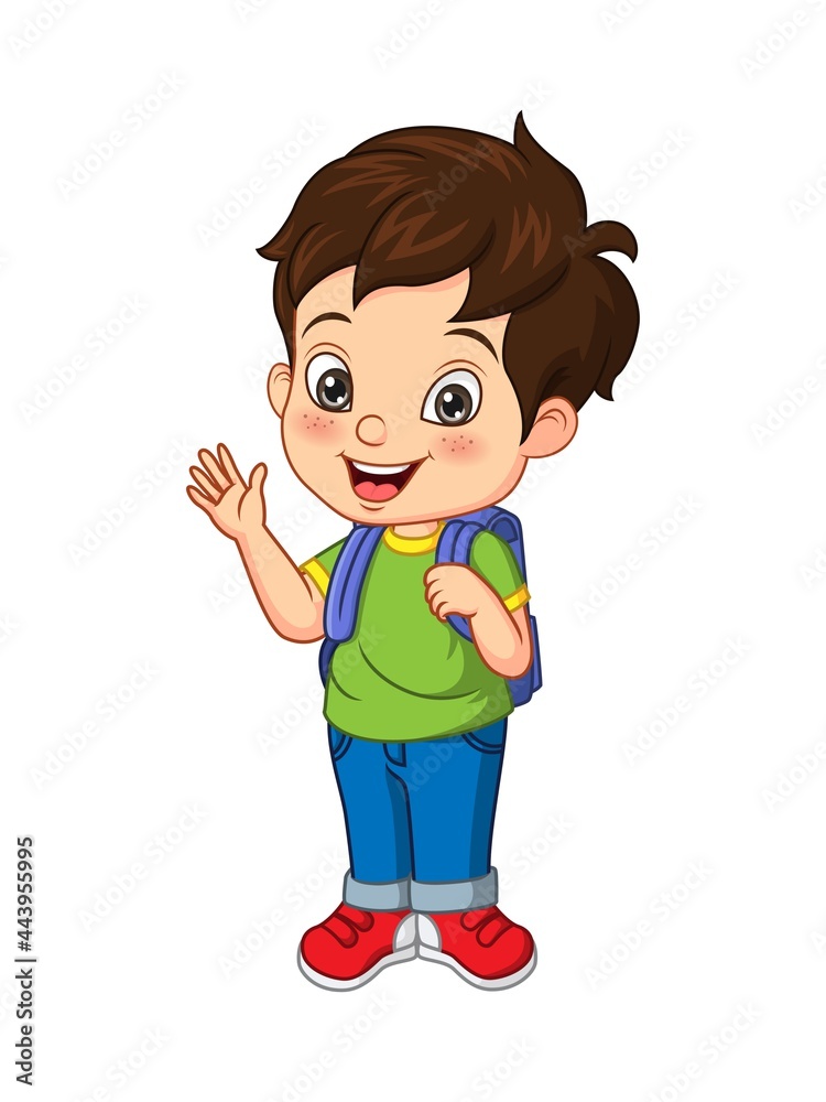 Cartoon happy school boy waving hand Stock Vector | Adobe Stock
