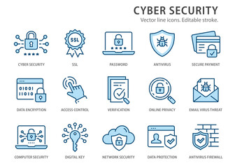 Aufkleber - Cyber security line icons set. Vector illustration. Editable stroke.