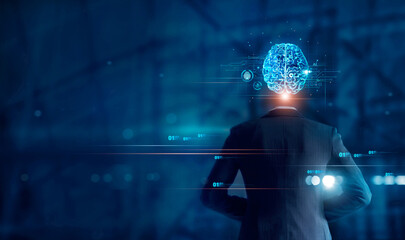 Fototapete - Artificial intelligence, Businessman and brain neural network of AI. with circuit board, Digital Brain processing  big data, Analysis information, Innovation and technology of business futuristic.