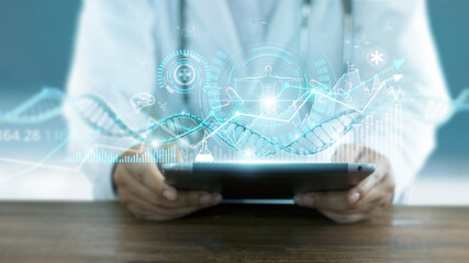 Fototapete - .Healthcare business graph data and growth, Medical examination and doctor analyzing medical report network connection on virtual tablet screen.