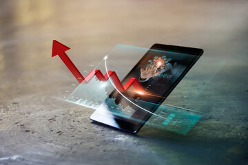 Leinwandbilder - Business growth, increasing red arrow graph on business data report with growth profit on virtual interface in mobile smartphone. Successful digital marketing technology and global business progress.