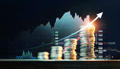 Leinwandbilder - Financial investment concept, Stack of coins for finance investor with  trading graph growth, Stock market, Banking and financial, Digital economy and cryptocurrency on dark background.