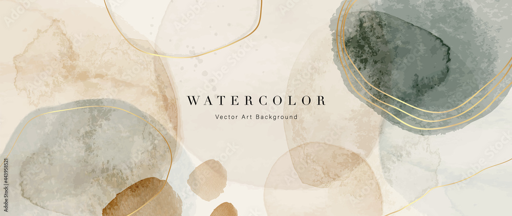 Watercolor art background vector. Wallpaper design with paint brush and gold line art. Earth tone blue, pink, ivory, beige watercolor Illustration for prints, wall art, cover and invitation cards. - obrazy, fototapety, plakaty 