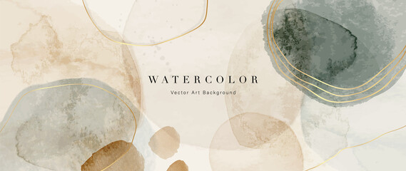 watercolor art background vector. wallpaper design with paint brush and gold line art. earth tone bl