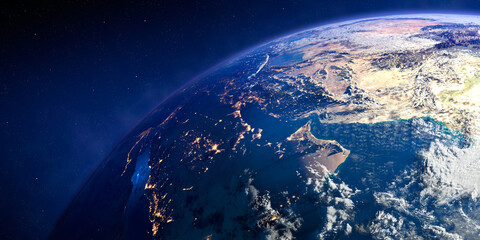 Wall Mural - planet earth with exaggerated precise relief and volumetric atmosphere. day-night transition. region