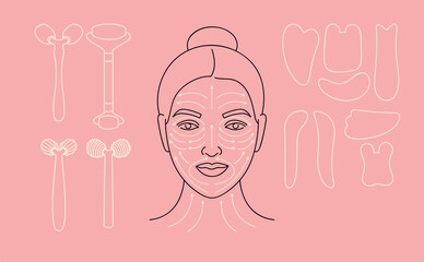 Vector illustration method fo face massage. Female face with arrow lines. Set of various cosmetic beauty devices.