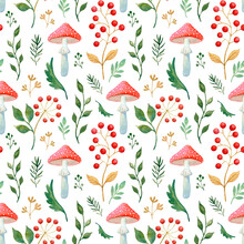 Red Fly Agaric Mushrooms, Forest Berries, Green Leaves, Moss Isolated On A White Background. Watercolor Botanical Fabric Design. Scandinavian Wallpaper Texture. Seamless Pattern Of Hand-drawn Elements