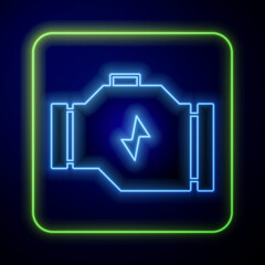 Poster - Glowing neon Check engine icon isolated on blue background. Vector