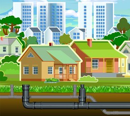 Pipeline for various purposes. Individual suburban connection. Underground part of system. Illustration vector