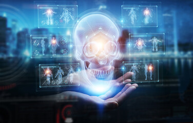 Leinwandbilder - Man hand using digital x-ray skull holographic scan projection 3D rendering