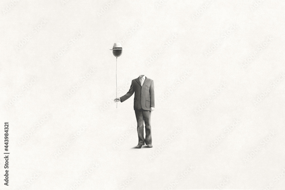 illustration of man without face holding black balloon with hat, surreal absence concept - obrazy, fototapety, plakaty 