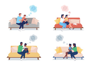 Poster - Parent supporting teenager semi flat color vector character set. Sitting figures. Full body people on white. Teens isolated modern cartoon style illustration for graphic design and animation pack