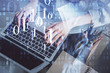 © peshkova - Double exposure of woman hands working on computer and data theme hologram drawing. Tech concept.