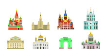 Cartoon Symbols Of Russia. Popular Tourist Architectural Objects.