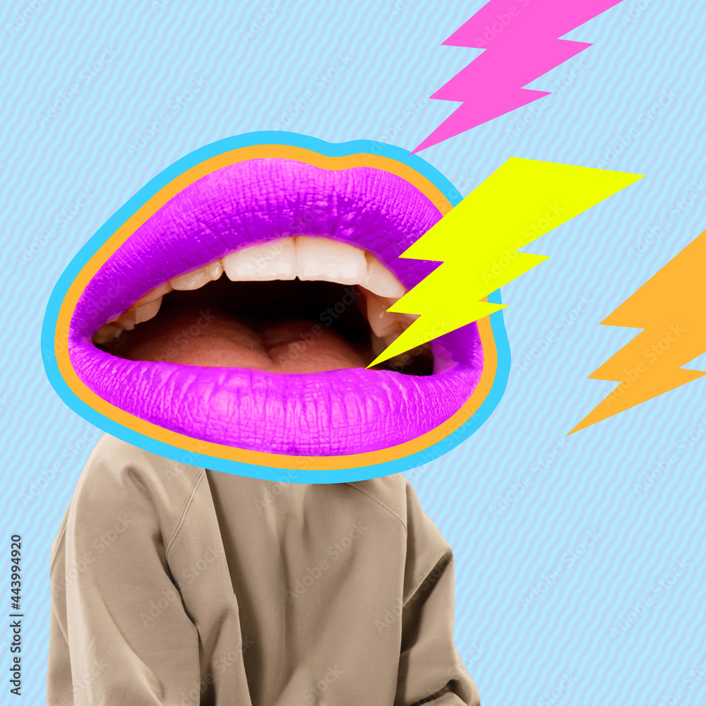 Contemporary art collage, modern design. Younf man in stylish youth clothes headed of female mouth, lips isolated on bright abstract background. Fashion concept - obrazy, fototapety, plakaty 