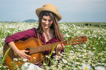 Happy Woman Gather Flowers In Summer Daisy Field Play Acoustic Guitar, Countryside