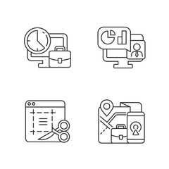 Poster - Remote work monitoring linear icons set. Online presentation with marketing strategy. Customizable thin line contour symbols. Isolated vector outline illustrations. Editable stroke