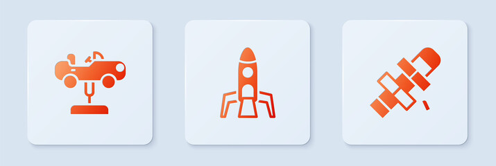 Sticker - Set Rocket ship, Swing car and Hopscotch. White square button. Vector