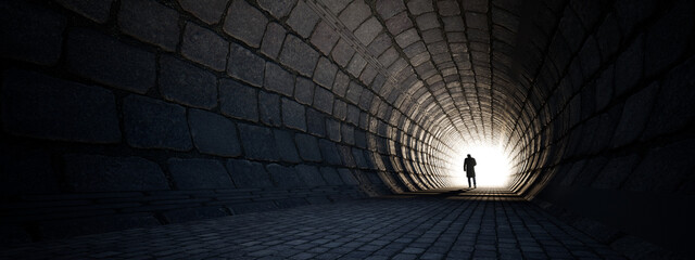 Wall Mural - Concept or conceptual dark tunnel with a bright light at the end or exit as metaphor to success, faith, future or hope, a black silhouette of walking man to new opportunity or freedom 3d illustration